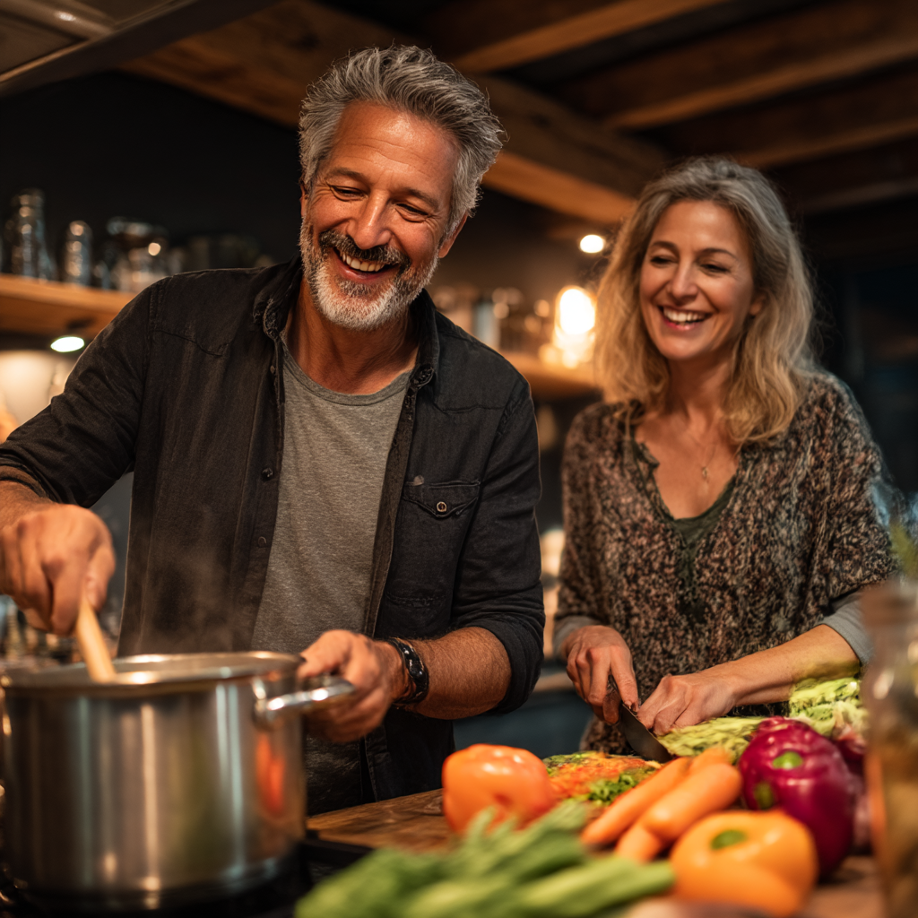 A couple in their early 50s enjoying cooking together in their home kitchen, the man stirring a pot while the woman chops colorful vegetables, both laughing and looking relaxed, modern kitchen with wooden elements and warm lighting