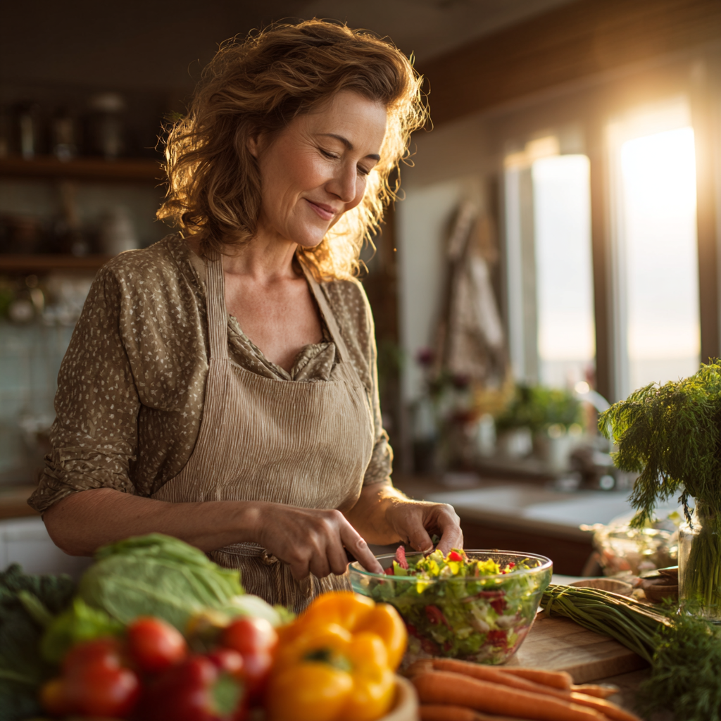 A woman in her late 40s with warm smile preparing a colorful healthy salad in a modern bright kitchen, wearing a casual beige apron, fresh vegetables and fruits visible on the counter, natural daylight streaming through window